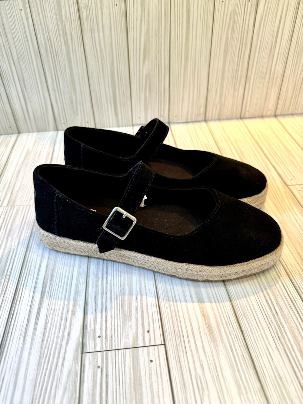TOMS Carolina Mary Jane Espadrille Natural Leather Upper Flats Size 9 Black Shoe